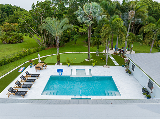 Commercial pool with palm trees and house in the background